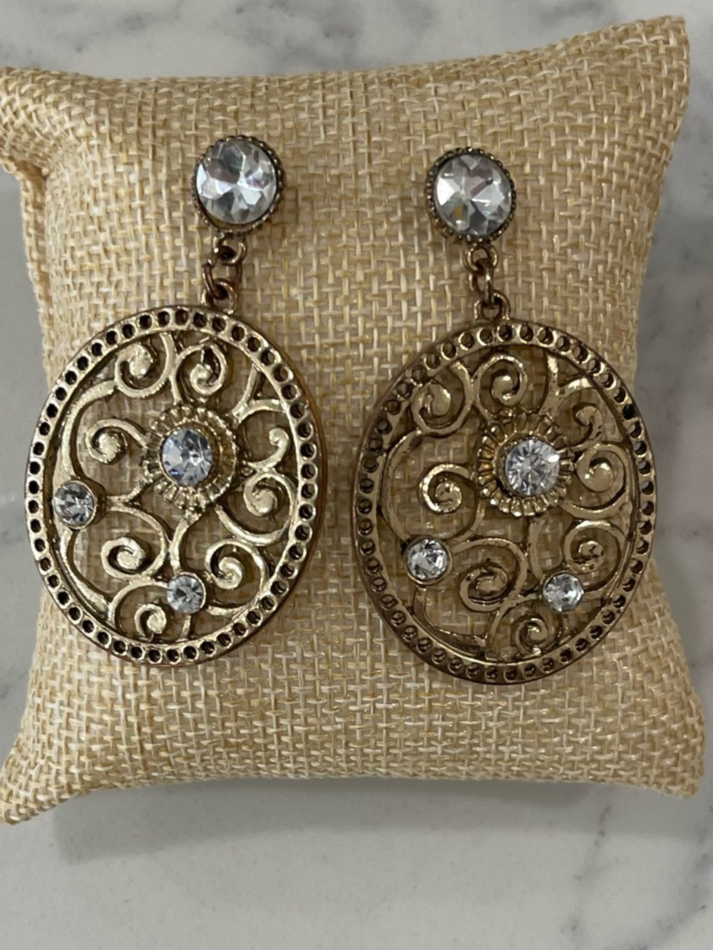 Gold Filigree Drop Earrings with Clear Stones - Women Jewelry
